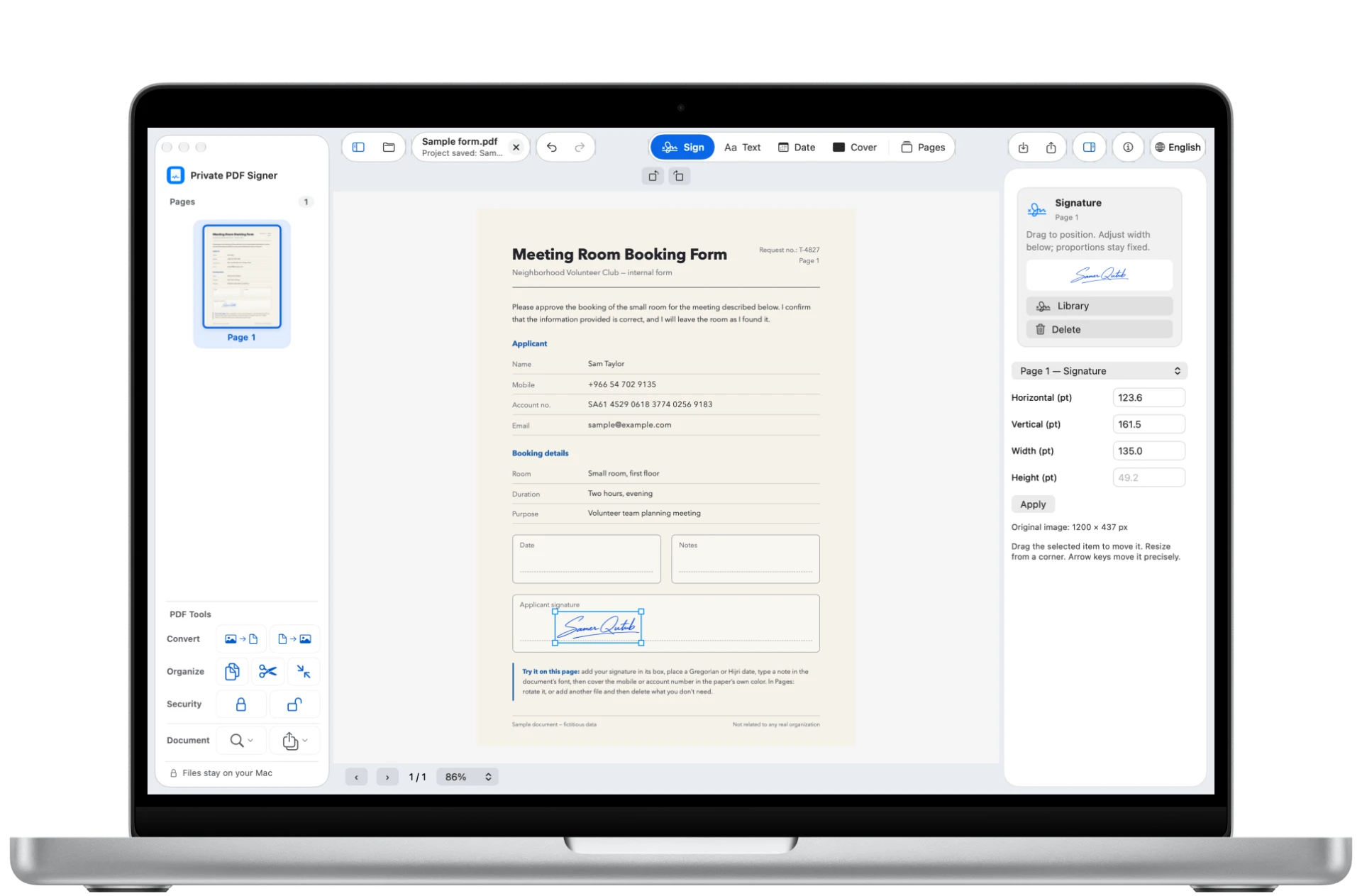 Private PDF Signer for Mac on a MacBook Pro: a booking form with a signature in its box.