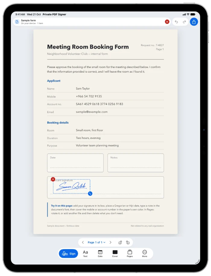 A selected signature on a form on iPad.