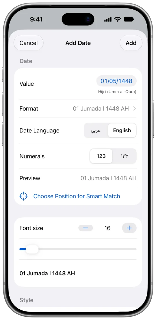 The Add Date sheet on iPhone: the value in the Hijri calendar, format, language, and numerals.
