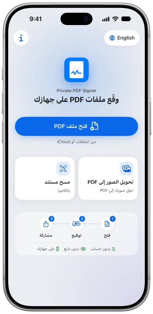 الشاشة الرئيسية لتطبيق Private PDF Signer على iPhone: زر فتح ملف PDF، وخطوات فتح وتوقيع ومشاركة.