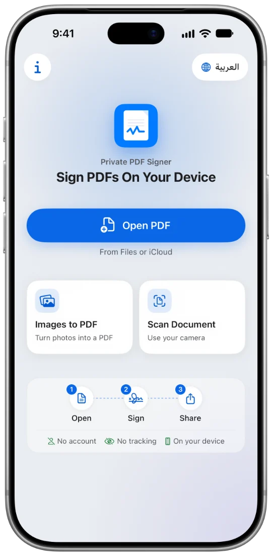 The Private PDF Signer home screen on iPhone: Open PDF, and the steps open, sign, share.