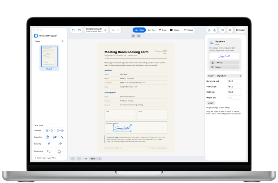 A signature in the applicant signature box in Private PDF Signer Desktop on a MacBook Pro.