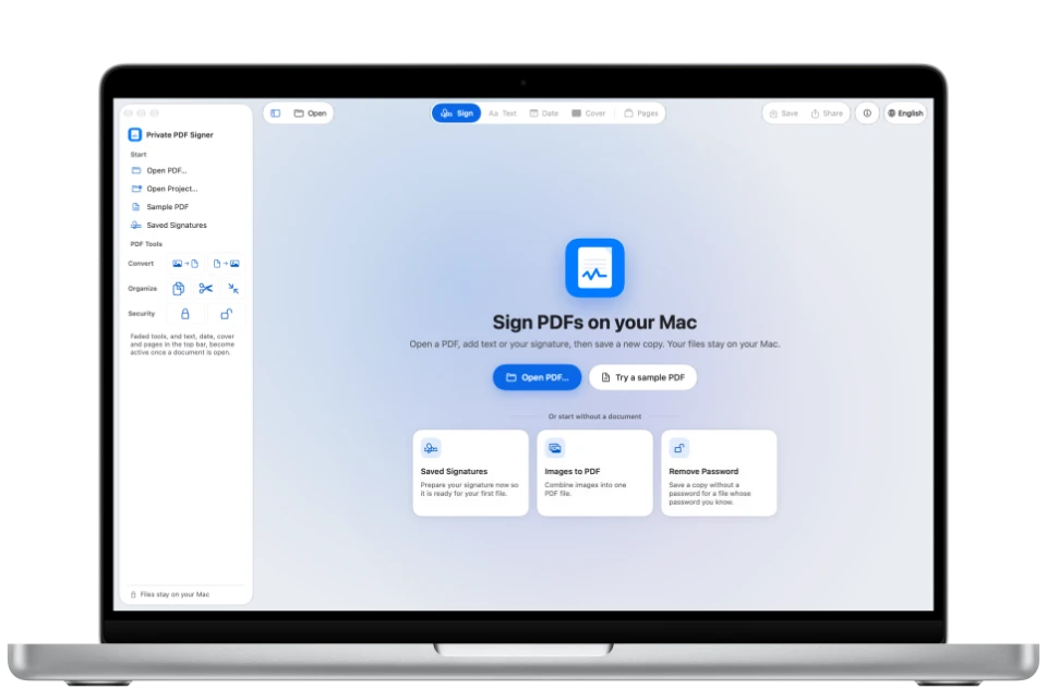 The start page of Private PDF Signer Desktop on a MacBook Pro.