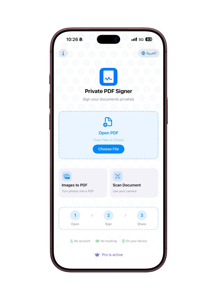 Private PDF Signer home screen on iPhone