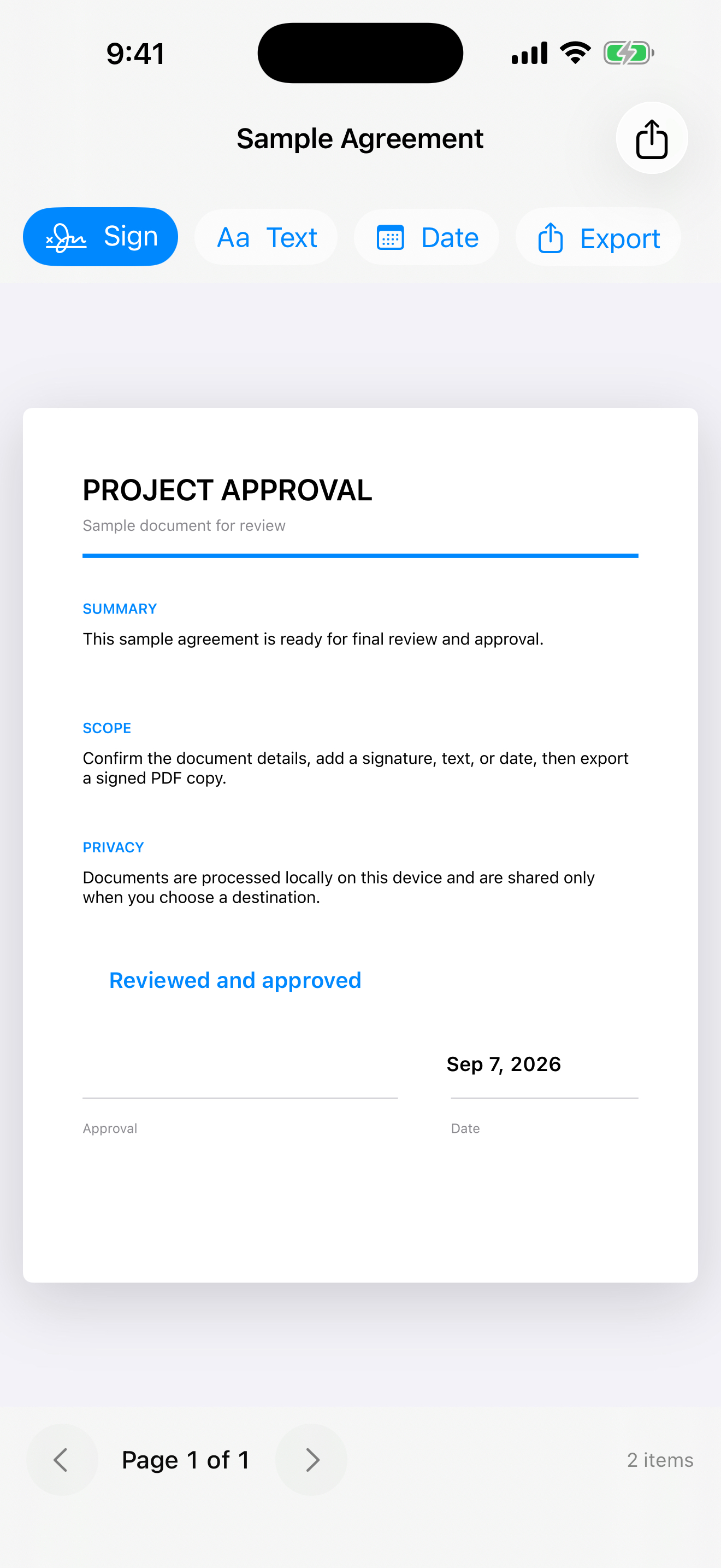 Private PDF Signer editing a sample agreement on iPhone