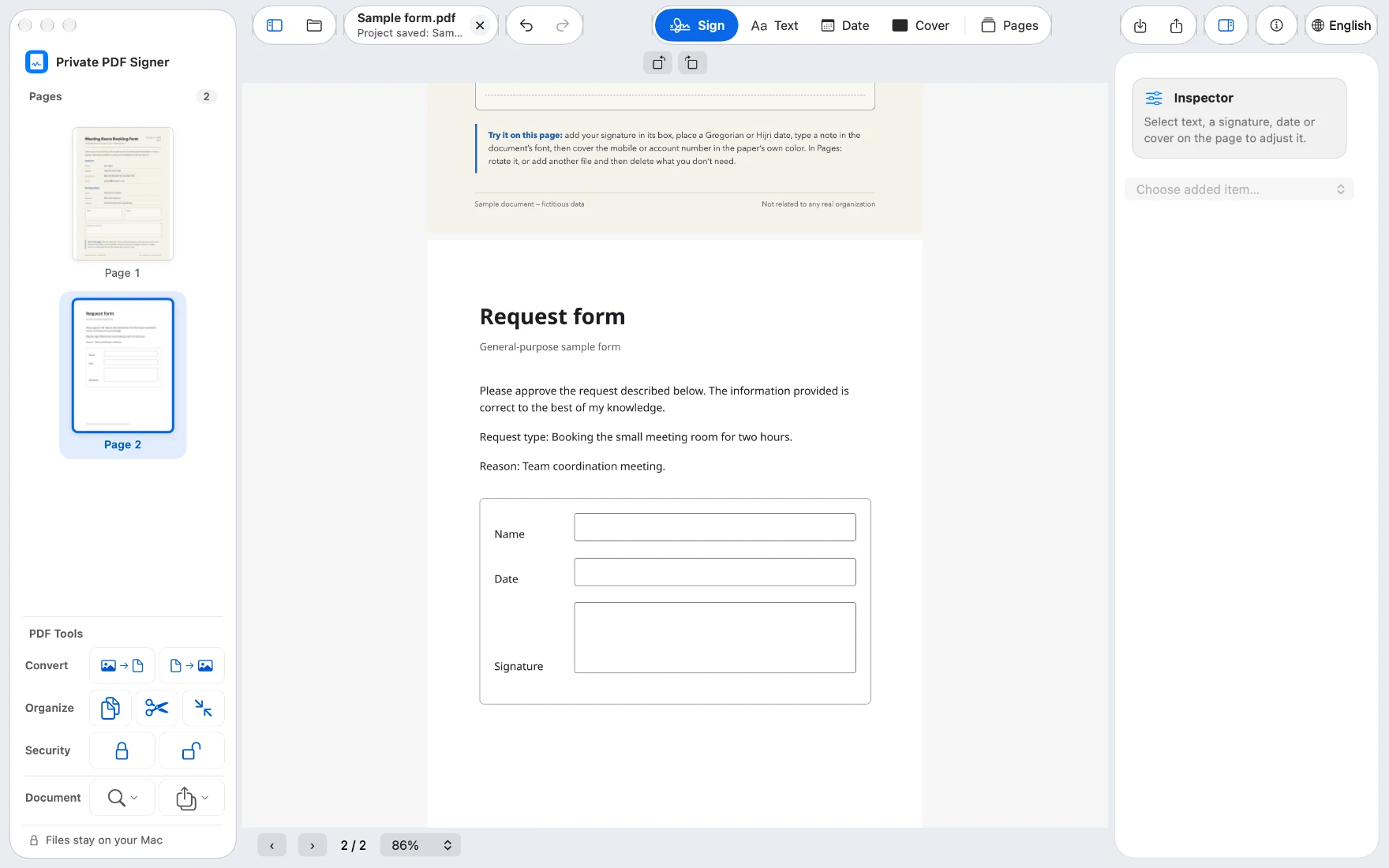 Two merged documents: two pages in the sidebar, and the PDF tools.
