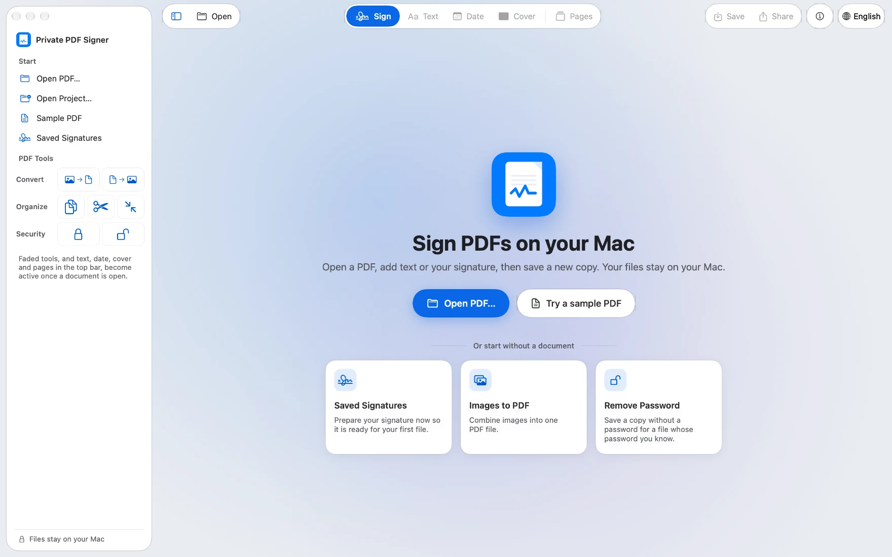 The start page: "Sign PDFs on your Mac", with Open PDF and Try a sample PDF.